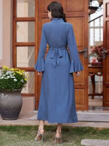 Modelyn 女士3d花裝飾荷葉袖連衣裙 - 霧霾藍 - 查看 2