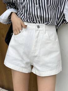 DAZY Women's Solid Color Straight Leg Denim Shorts - White - View 1