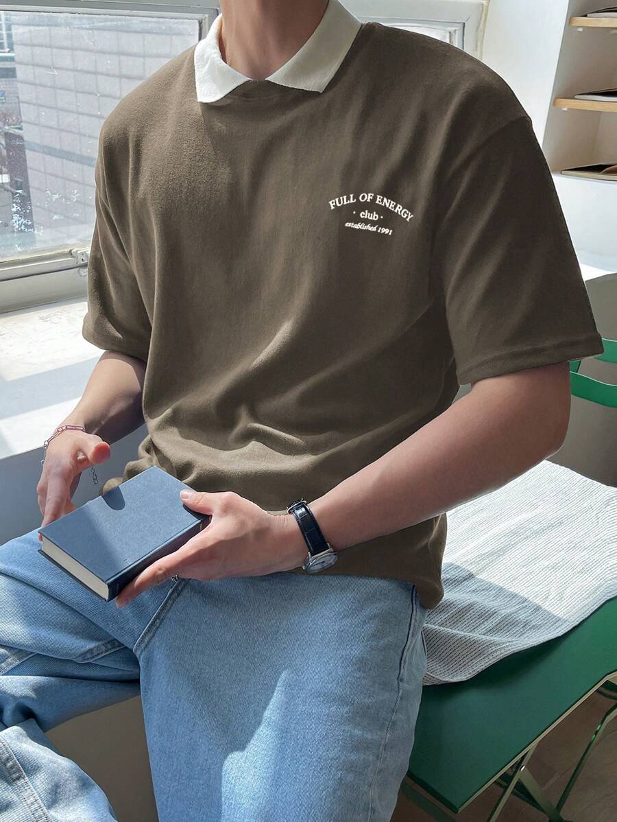 DAZY 男士字母印花拼色立領襯衫 - 綠色 - 查看 1