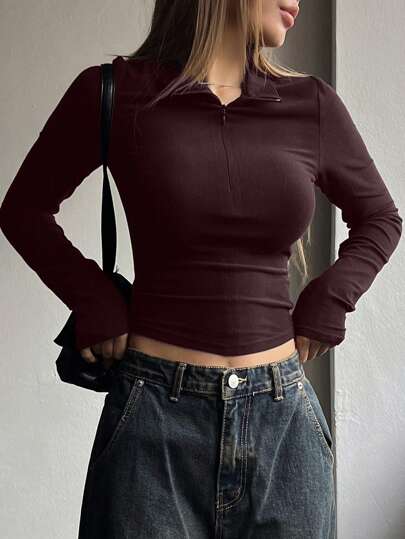 DAZY Camiseta de manga larga ajustada que deja al descubierto el ombligo, ropa de otoño