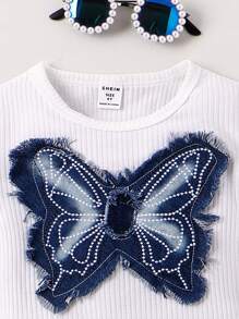 SHEIN 少女春秋時尚、可愛、甜美、活潑、簡潔風格,流行的蝴蝶拼接短袖t恤和短褲2件套裝 - 白色 - 查看 4