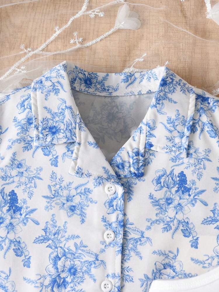 3pcs/Set Young Girl Casual Holiday Turn-Down Collar Short Sleeve Loose Fit Shirt, Shorts And Camisole Summer Outfits