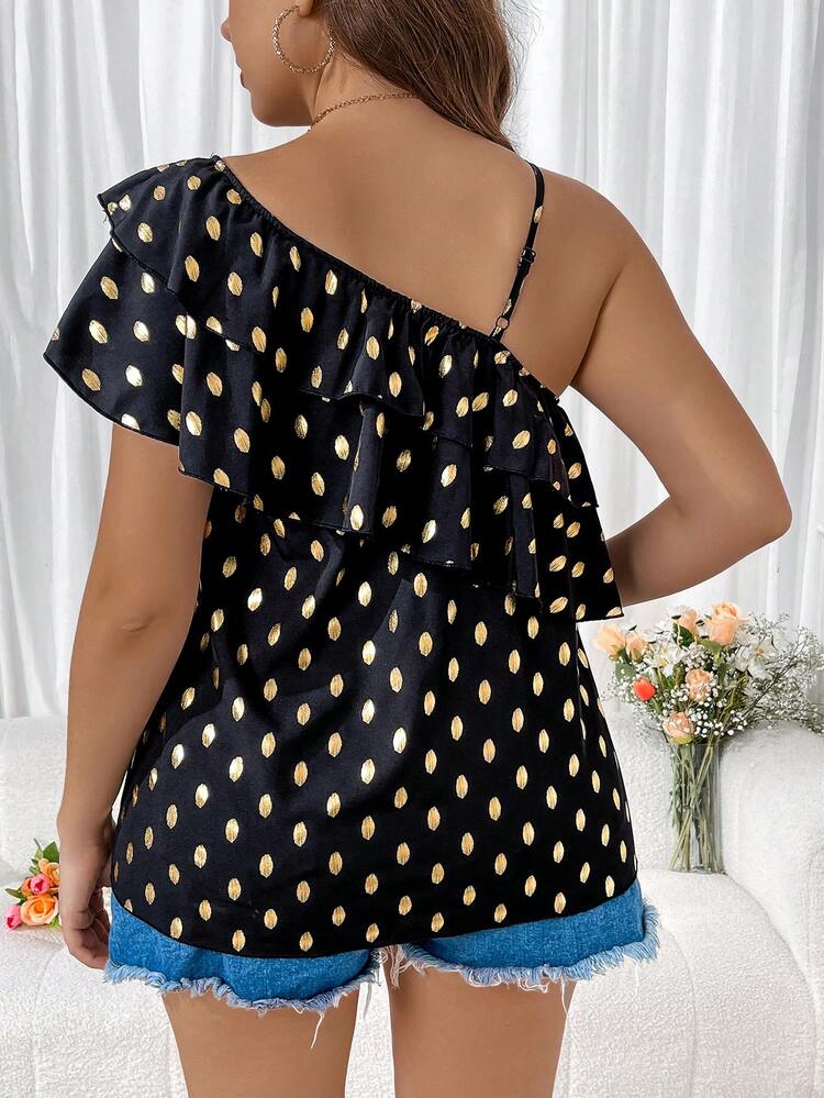 Plus Size Women's Asymmetrical Collar Gold Dot Print Shirt With Ruffle Trim One Shoulder Top