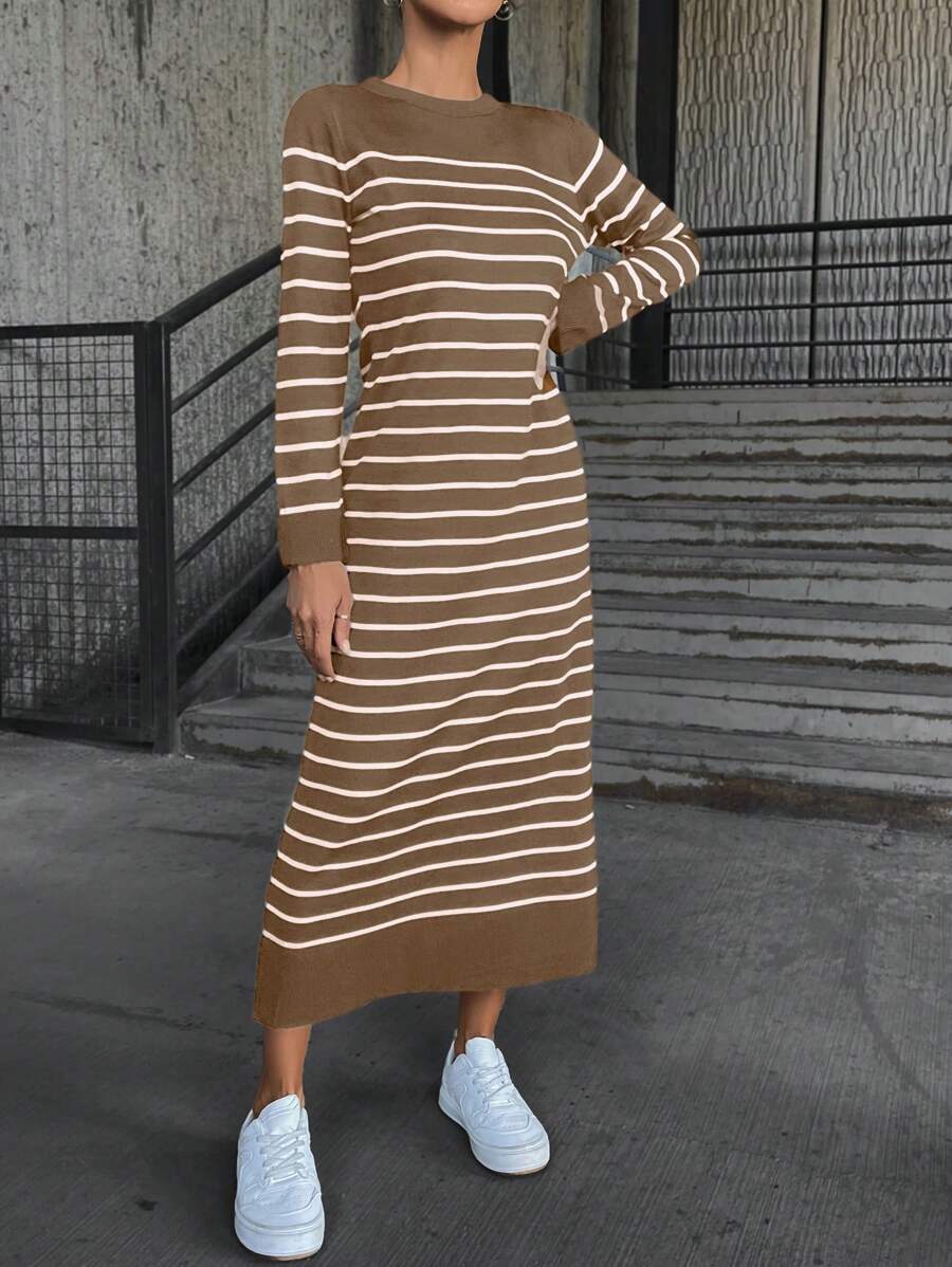 SHEIN Cottnline 條紋長袖圓領毛線裙 - 卡其色 - 查看 1