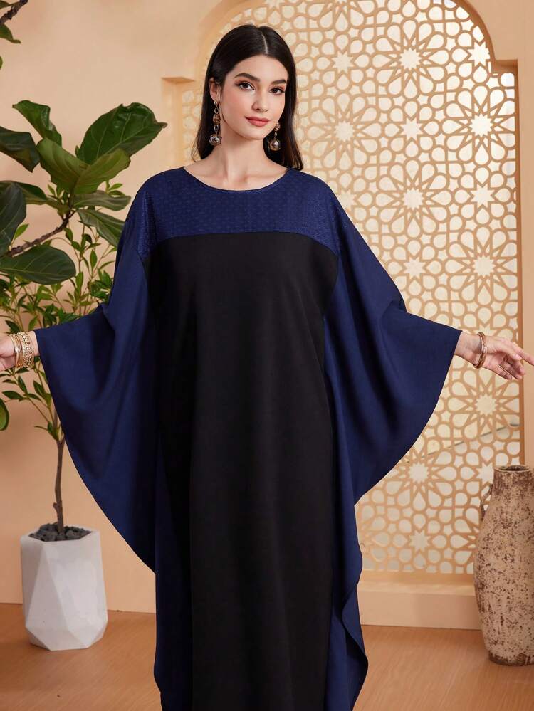 Color Block Round Neck Batwing Sleeve Dress Kaftan Jalabiya Dress