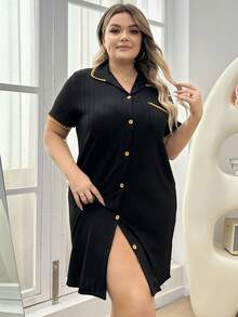 Plus Size Color Block Checked Border With Front Pocket Homewear Dress - Black - View 4