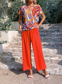 Breezaya Women's Batwing Sleeve Printed Top Two-Piece Set - Orange - View 4