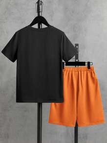 SHEIN Thiếu niên con trai Lỏng lẻo Phù hợp Bóng rổ In Ngắn tay Áo + Bộ quần short - trái cam - Xem 2