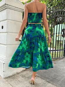 SHEIN Essnce Bộ đồ hai mảnh in họa tiết không dây dành cho nữ - màu xanh lá - Xem 2