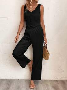 SHEIN Frenchy Mùa hè Kỳ nghỉ Cổ chữ V Single-breasted Không tay Áo Và Quần Bộ - màu đen - Xem 6