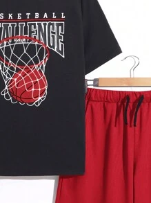 SHEIN Conjunto De Pantalones Cortos Y Camiseta De Manga Corta Con Estampado De Baloncesto Holgado E Informal Para Chicos Adolescentes - Rojo - Ver 6