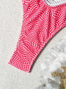Swim Mod Summer Beach Women's Wavy Check Pattern Lace Trim Bandeau Bikini Set Valentine - Pink - View 4