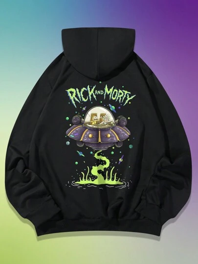 ROMWE MEN Rick and Morty | ROMWE Men Letter Graphic Drawstring Hoodie, School , Fall, Long Sleeve Top
