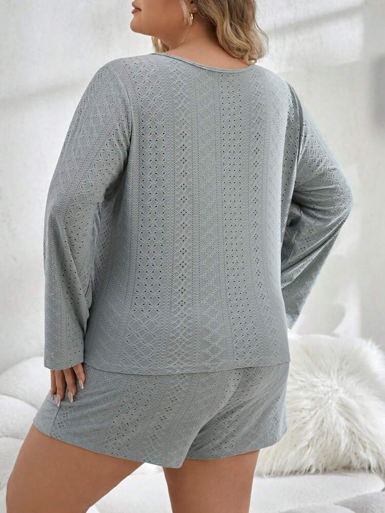 Plus-Size Letter Embroidered Applique Mesh Panel Long Sleeve Top And Shorts Pajama Set