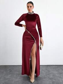 RueChic Women's Rhinestone Decoration Split Suede Dress - Burgundy - View 1