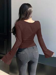 DAZY 十字細節長袖t恤 - 咖啡棕 - 查看 2