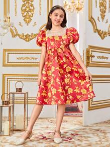 SHEIN Tween Girl's Casual Patterned Pearl Decorated Dress - Red - View 4