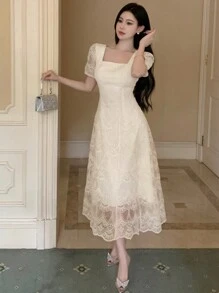 DAZY Damen einfarbiges Spitzenkleid mit kurzen Ärmeln, Geburtstag, Silvester, Sommer Sommerkleid, Abschlussball Kleid, elegante Damenkleider - Beige - Übersicht 4