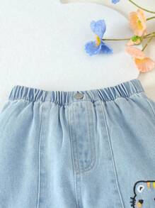 SHEIN Young Girl's Casual And Comfortable Lovely Embroidered Straight Leg Jeans Summer Holiday