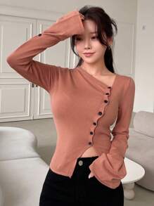 DAZY 纯色修身长袖不对称女式毛衣，秋装 - 咖啡棕 - 查看 3