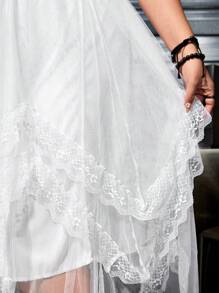 ROMWE Váy suông màu trơn ba tầng viền bất đối xứng lãng mạn & thanh lịch cho tiệc cưới ngoài trời cỡ lớn - trắng - Xem 6