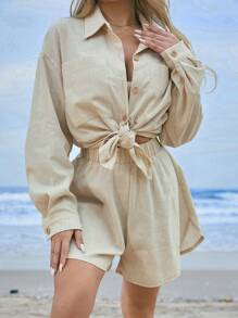Zolique Women's Casual Shirt And Shorts Set - Apricot - View 6