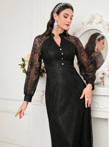Modelyn Women Dresses Tombol Kontras Lace Tombol Depan Plain Anggun - Hitam - View 3