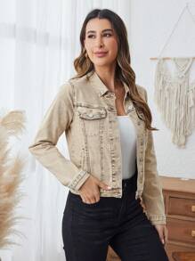 SHEIN LUNE Women's Khaki Denim Jacket - Khaki - View 3