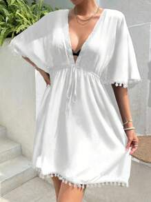 Swim Vcay 女士夏季服装 1 件深 V 领喇叭袖罩衫连衣裙 夏季 - 白色 - 查看 6