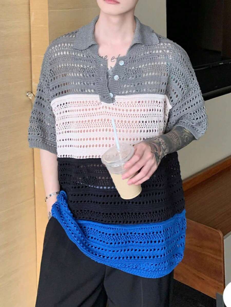 Claim Dot Men'S Mesh Knit Short Sleeve Knitwear Top - Blue - View 1