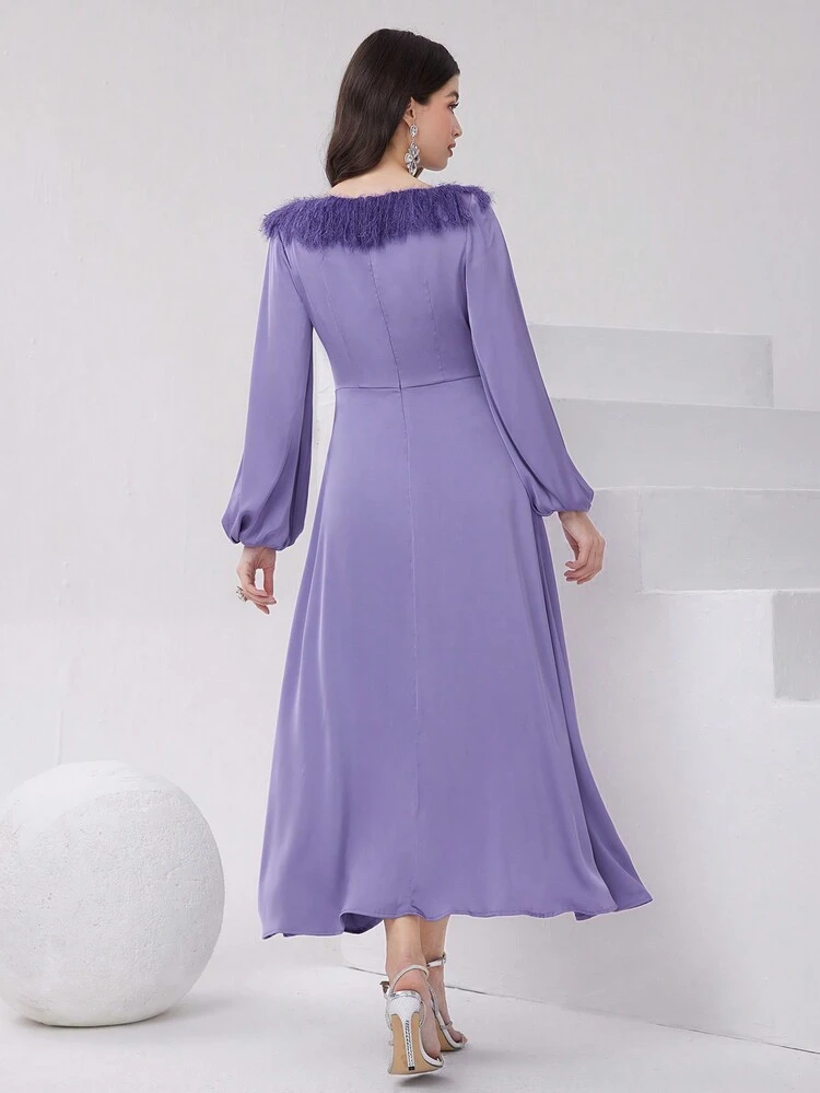 Women's Fuzzy Decorated Lantern Sleeve Dress, Long Evening Dresses