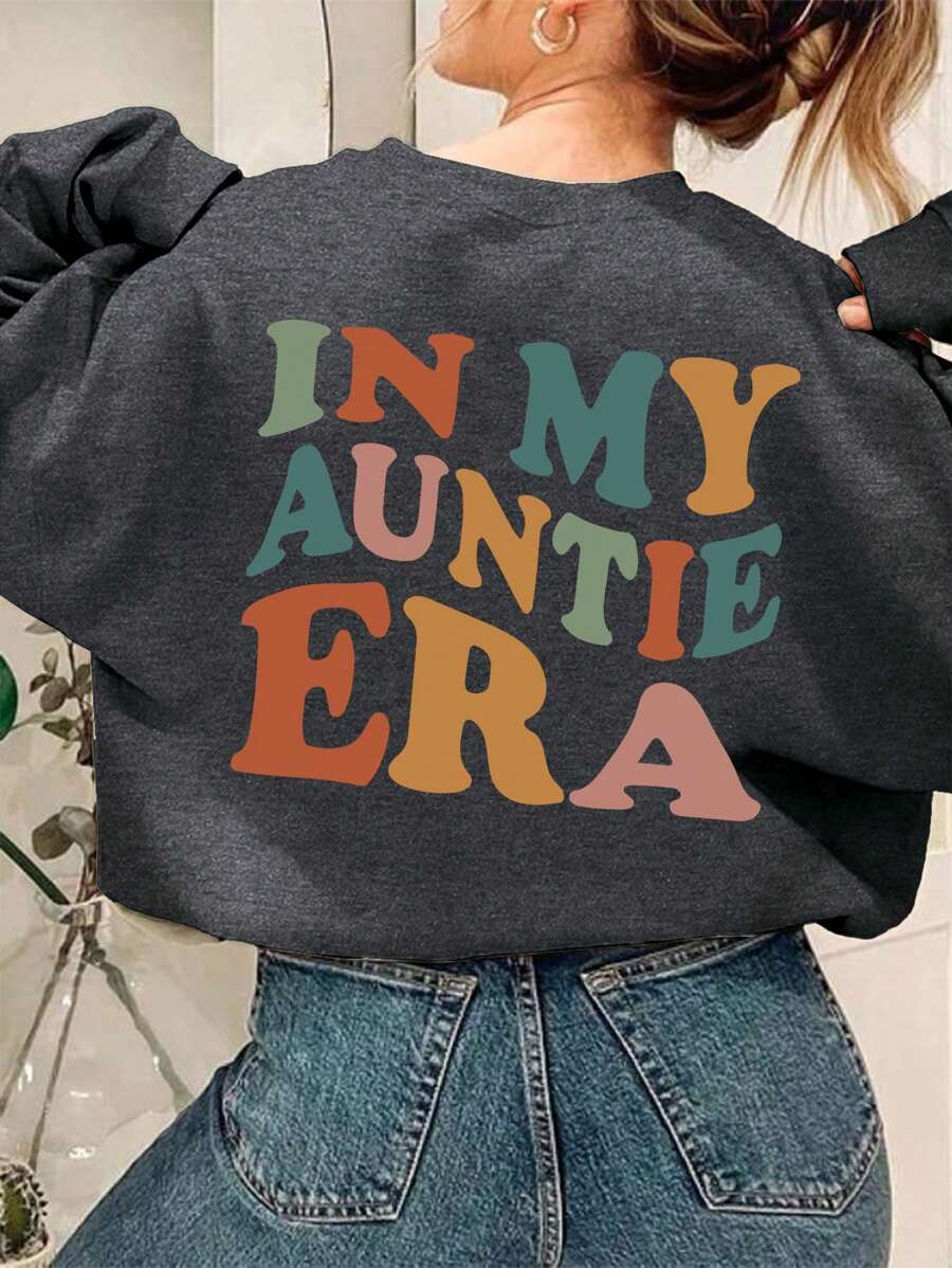 INAWLY Women's Colorful Letter Printed Drop Shoulder Sweatshirt IN MY AUNTIE ERA,Long Sleeve Tops Graduation,Back To School,Graduation,Teacher For Women,Back To School Pullover Fall Sweatshirt - Dark Grey - View 1