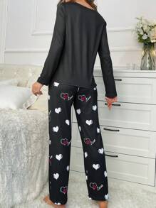 Heart And Letter Print Long Sleeve Pajama Set, Fall Winter Clothes - Black - View 2