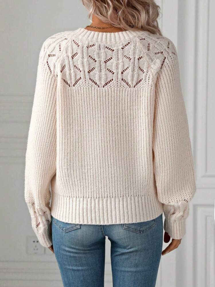 Women's Round Neck Long Sleeve Hollow-Out Knitted Sweater, Fall Winter