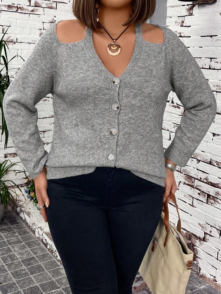 Plus Size Open Shoulder Front Button Cardigan