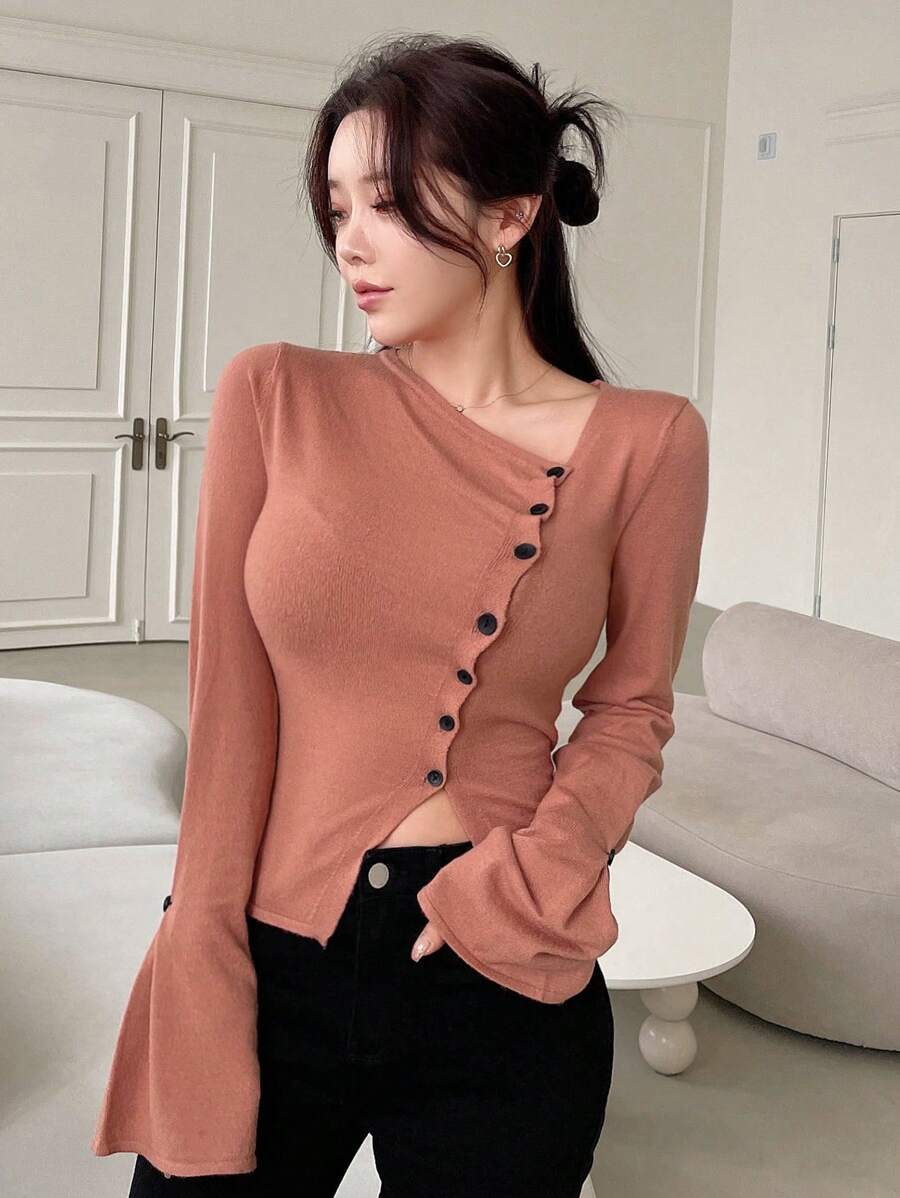 DAZY 纯色修身长袖不对称女式毛衣，秋装 - 咖啡棕 - 查看 1