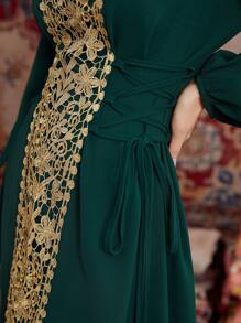 Al Najma 女士燈籠袖阿拉伯風刺繡金色連衣裙 - 墨綠色 - 查看 7