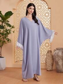 Al Najma Patchwork V-Neck Kaftan Dress - Grey - View 3