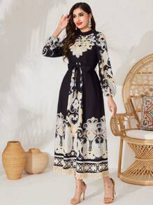 Al Najma Women's Baroque Printed Lantern Sleeve Tie Waist Tassel Trim Modest Arabian Dress - Multicolor - View 6