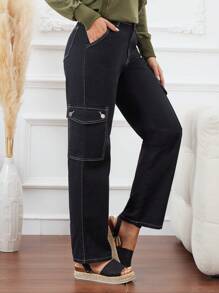 SHEIN LUNE 男士斜口袋工人牛仔褲 - 黑色 - 查看 4