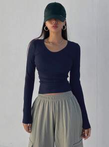 DAZY Áo thun nữ bó sát cổ tròn lớn, quần áo mùa thu, quần áo trở lại trường, áo dài tay cho nữ - Màu xanh hải quân - Xem 5