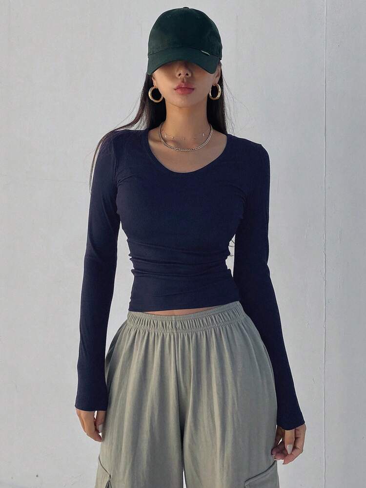 Women's Tight-Fitting T-Shirt With Large Round Neckline,Fall Clothes,Back To School Clothes Long Sleeve Women Tops