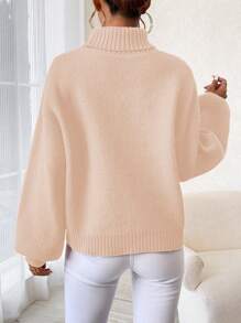SHEIN LUNE 女士休闲高领爱心图案落肩毛衣，针织套头衫，秋冬款 - 杏色 - 查看 2