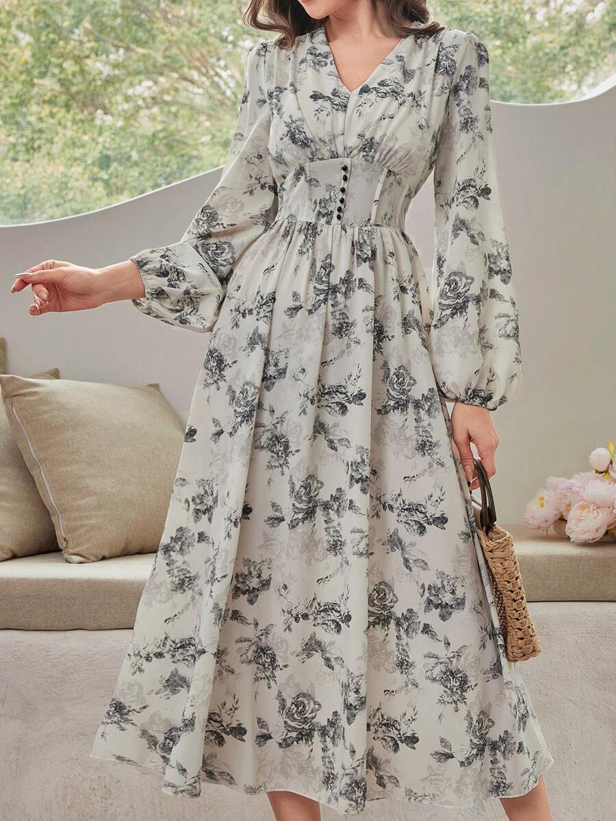 Modelyn 女士花卉印花灯笼袖连衣裙超长女士装长款晚礼服 - 杏色 - 查看 1