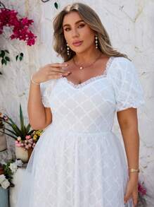 Simplee Plus Size Sweetheart Neck Puff Sleeve Mesh Overlay Dress - White - View 4
