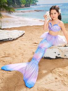 SHEIN Young Girls' Mermaid Scale Print 3pcs Swimwear Set With Separated Top And Bottom