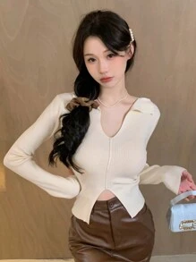 DAZY 女式纯色针织开叉毛衣，罗纹设计，秋季服装 - 杏色 - 查看 3