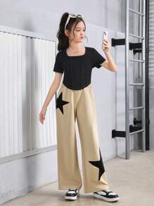 Cô gái Tween Dệt kim Màu thuần Cổ vuông Ngắn tay Áo Và Dệt kim Quần thể thao Bộ , Thể thao Phong cách đường phố - Màu be - Xem 6