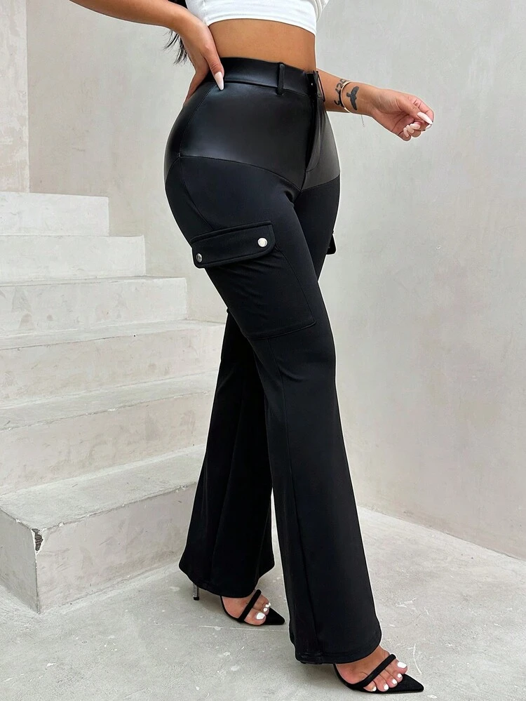 Women's Patchwork Faux Leather Flare Pants Fall Cloth For Women