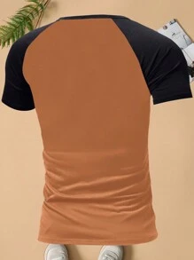 夏季新款男士短袖T恤，插肩袖亨利领衬衫，印花休闲打底衫 - 咖啡棕 - 查看 2